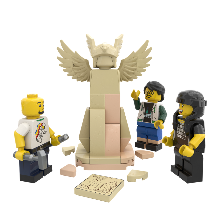 Minifigures presenting a commissioned brick-built winged sculpture