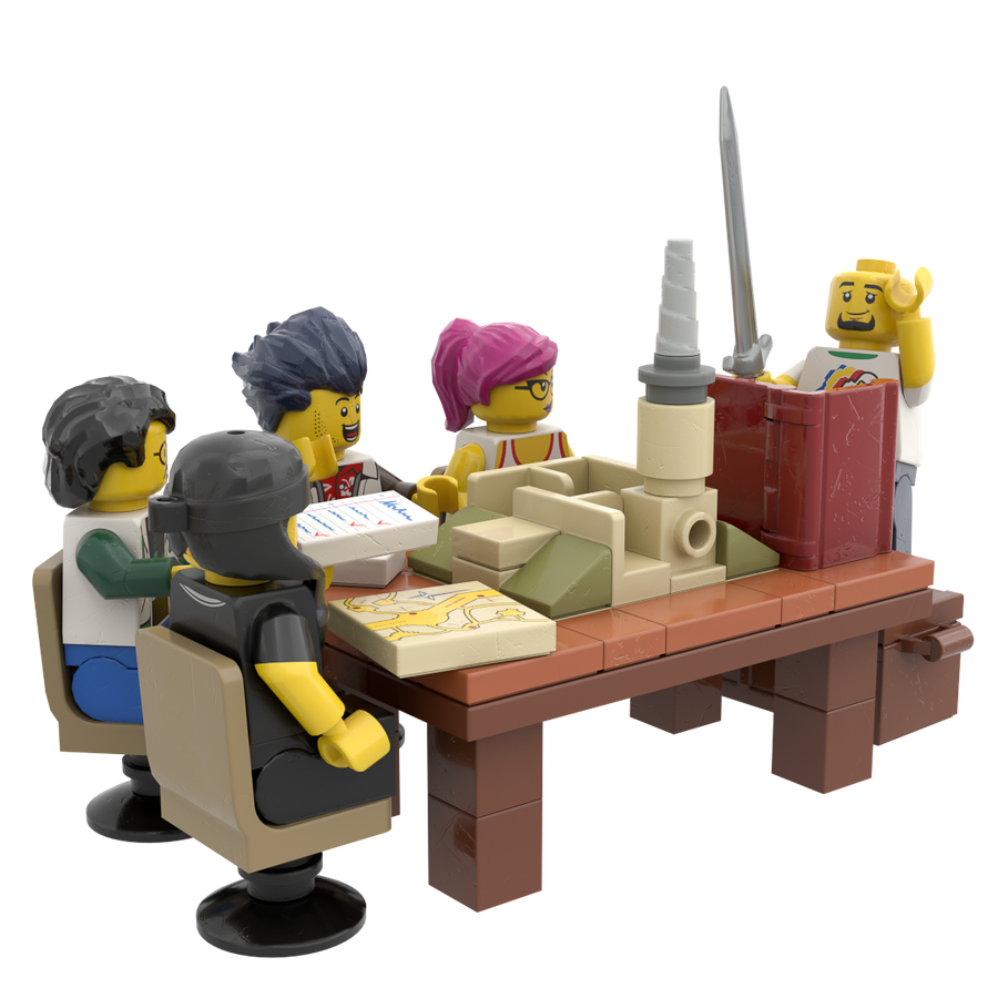 Minifigures playing a tabletop roleplaying game at a brick-built table with a dungeon master screen