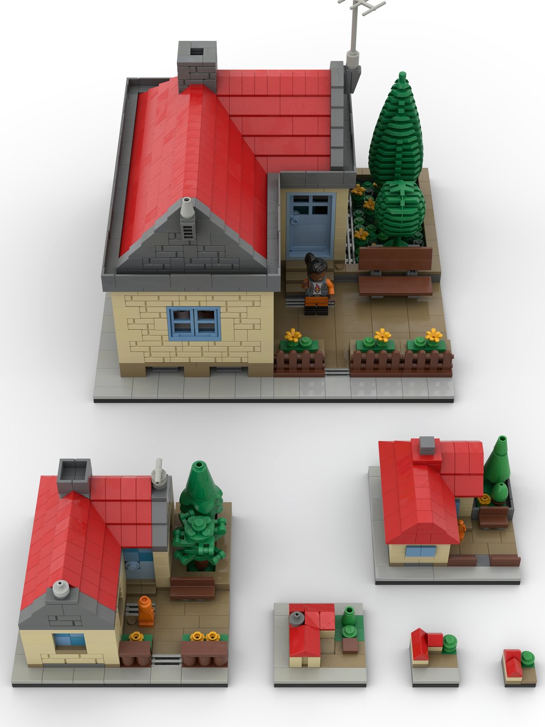 The same subject built at every scale — from minifig house down to nano cottages.