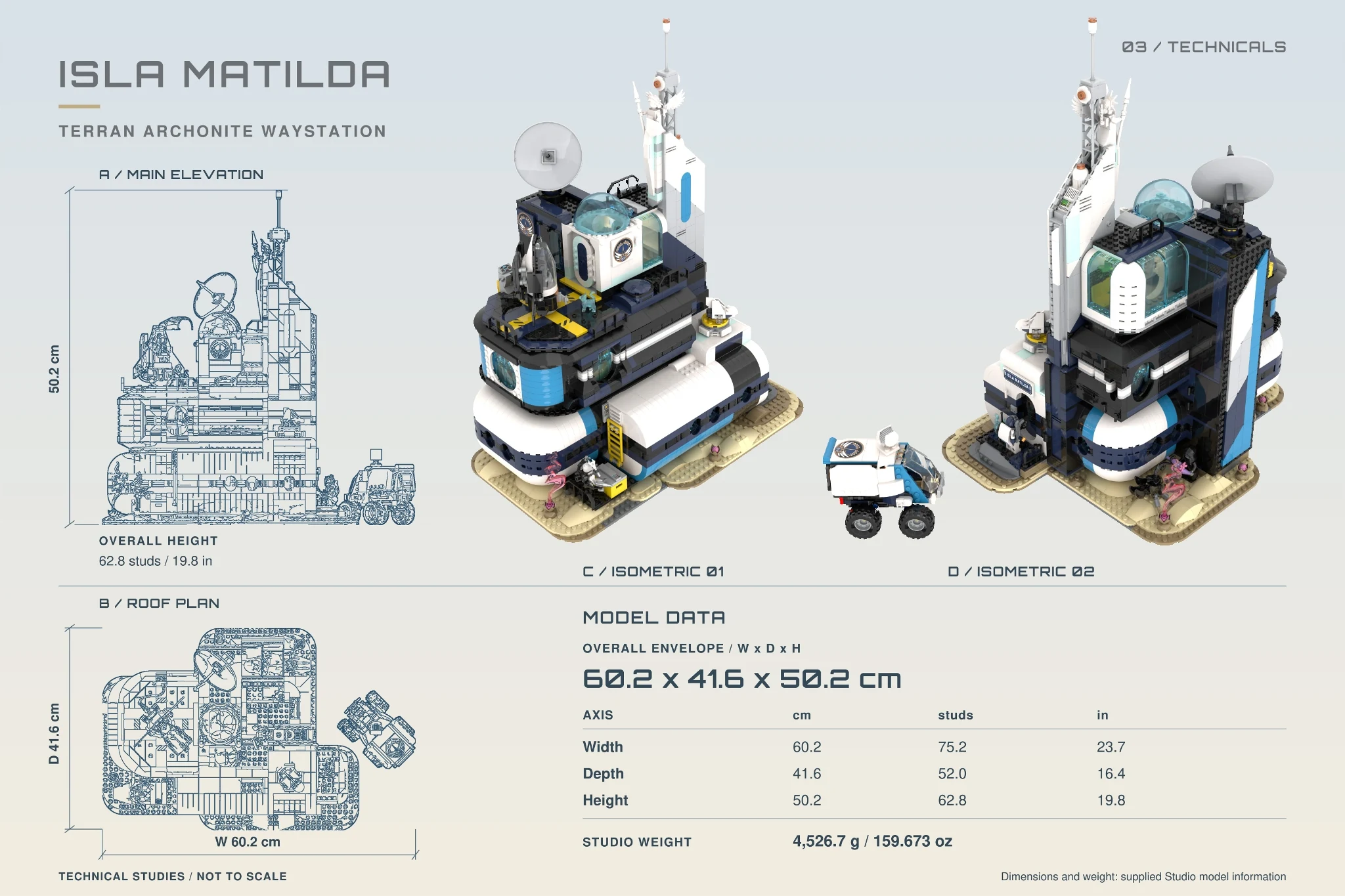 Isla Matilda technical plate with plan, elevation, dimensions and closed-model isometrics