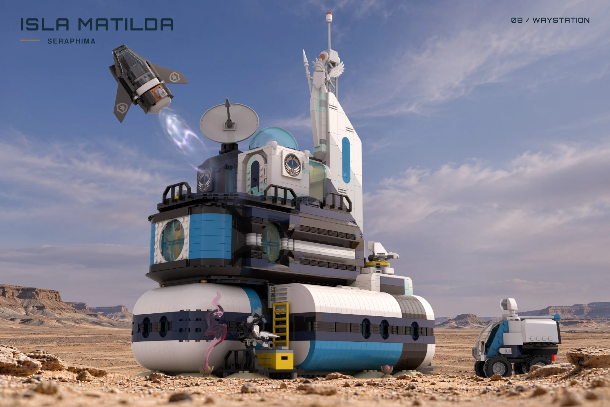 Isla Matilda in the rocky Seraphima badlands with the Void Angel lifting away and Capybara alongside