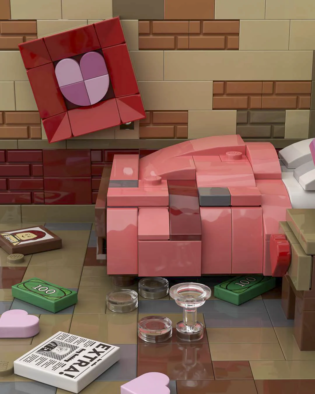 Close view of the coral bed, crooked heart picture, empty glasses and money left on the floor