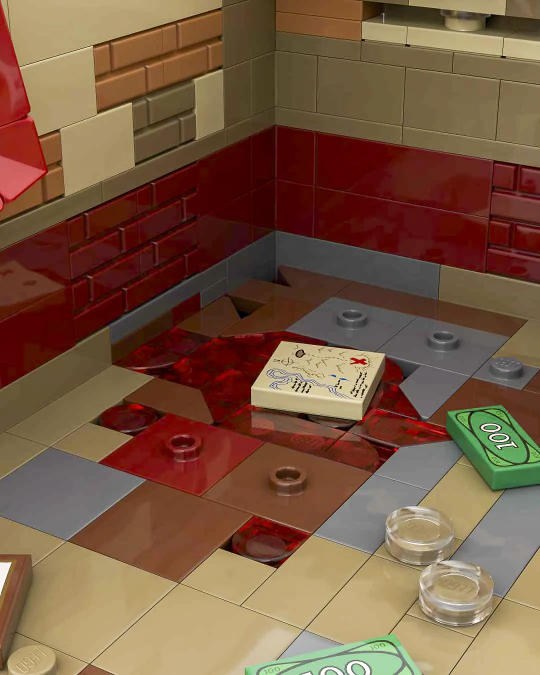 The bed removed to reveal a printed map among translucent red tiles and exposed grey floor structure