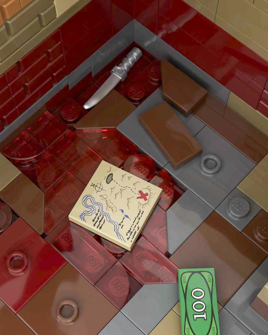 Lifted brown floorboard revealing a curved silver knife hidden in the corner beside the map