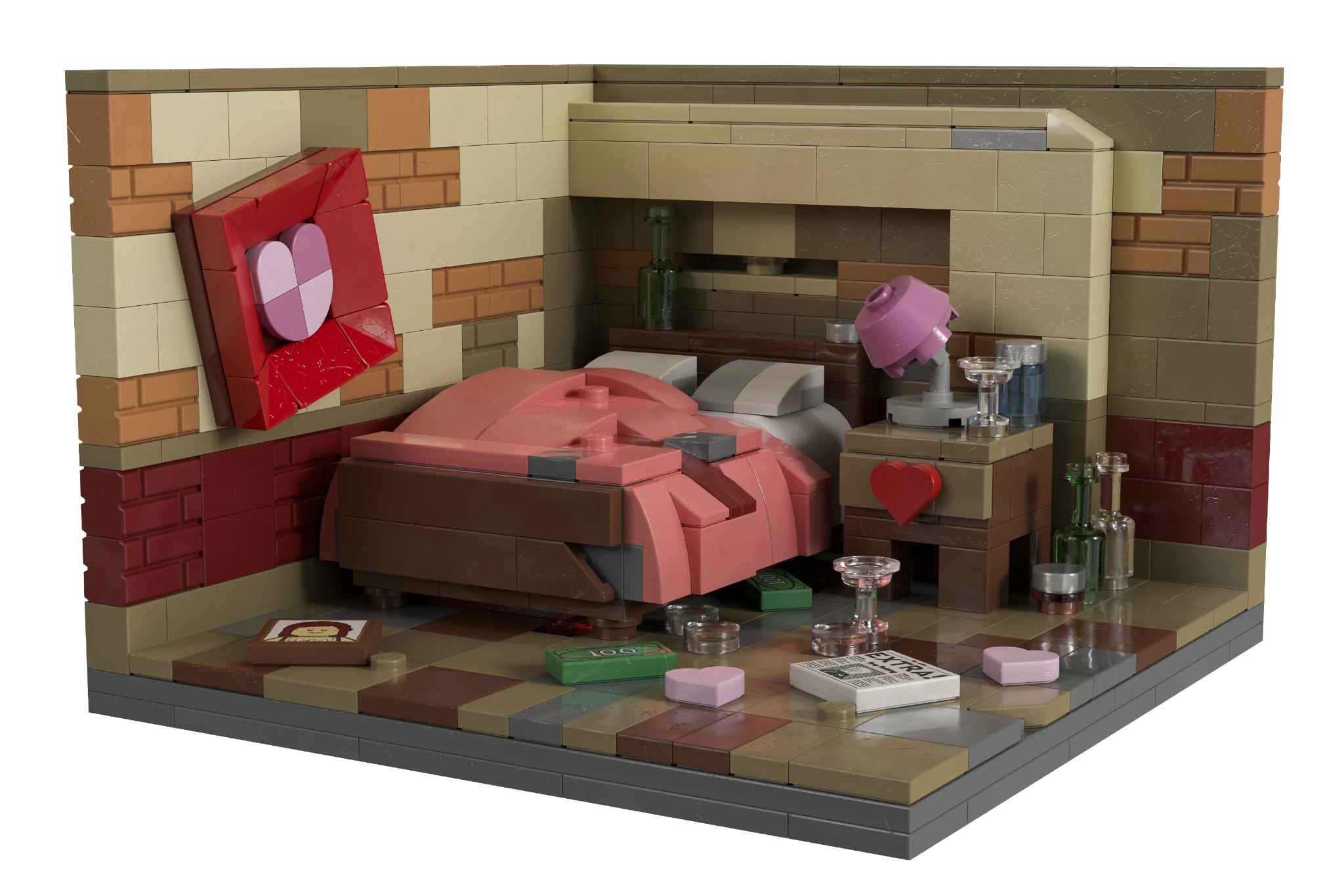 Love Hotel: a brick-built room with a coral bed, crooked heart picture, scattered money, bottles and glasses