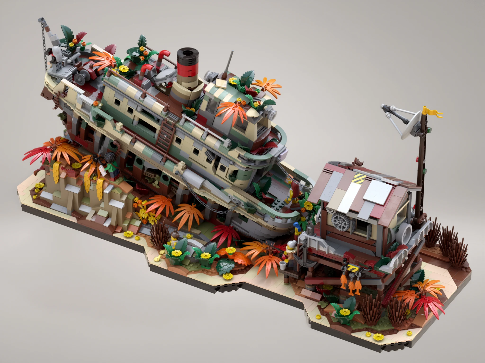 Front three-quarter view of the tilted riverboat, rocky base and adjoining hut