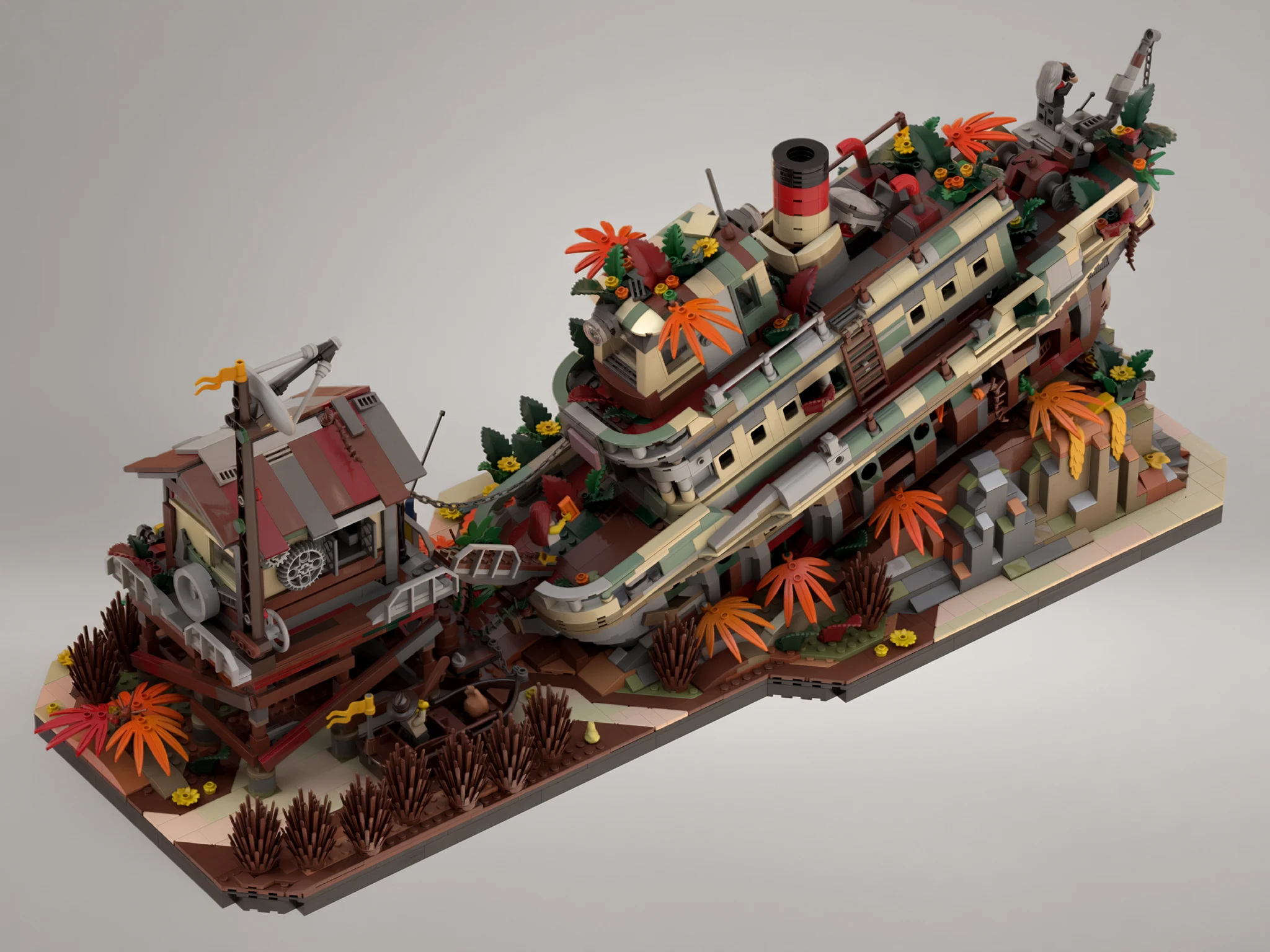 Opposite three-quarter view showing the riverboat’s weathered hull and overgrown decks