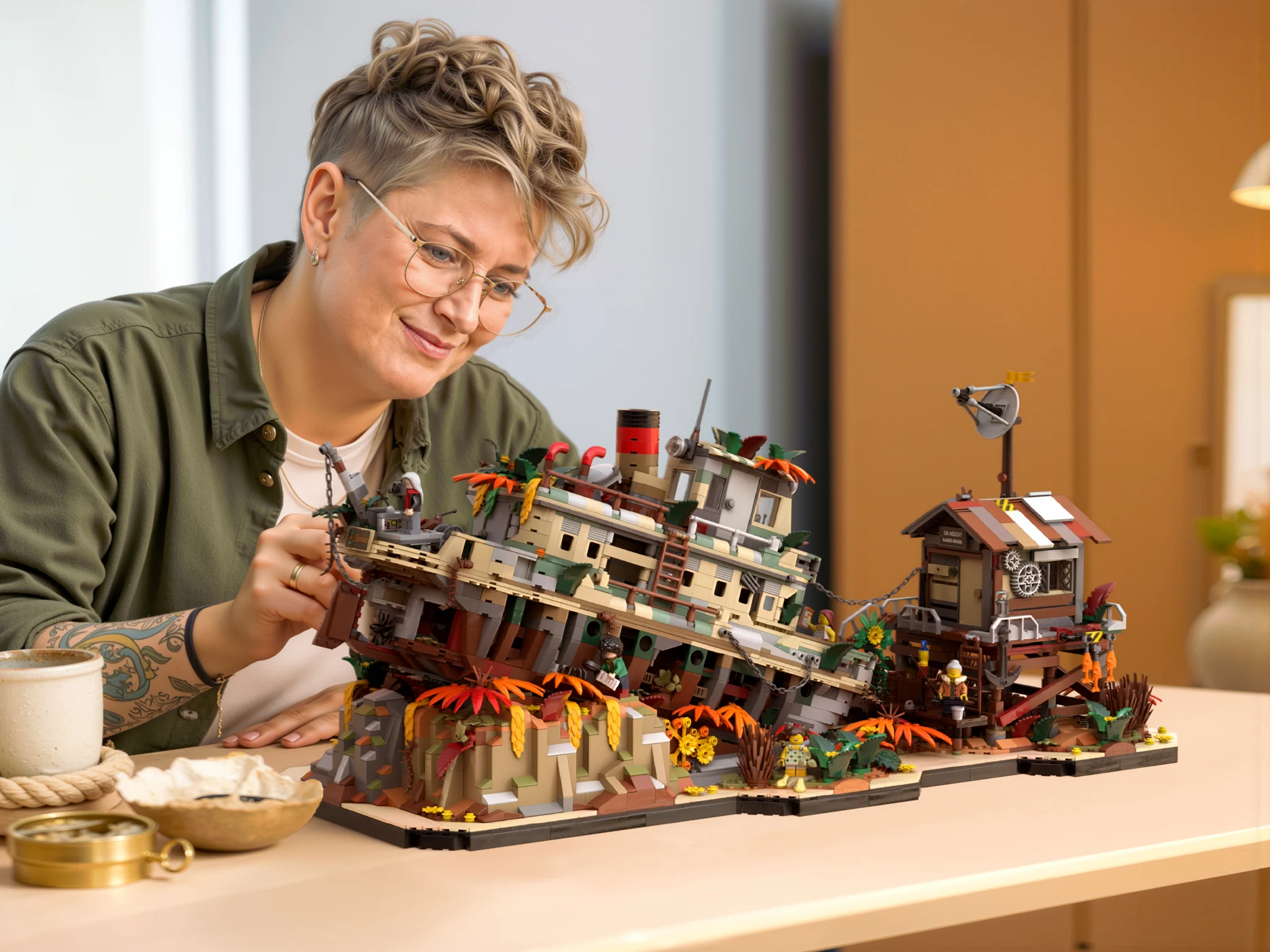 Presentation mockup of The Iron Reef on a table beside a seated adult, illustrating the model’s scale