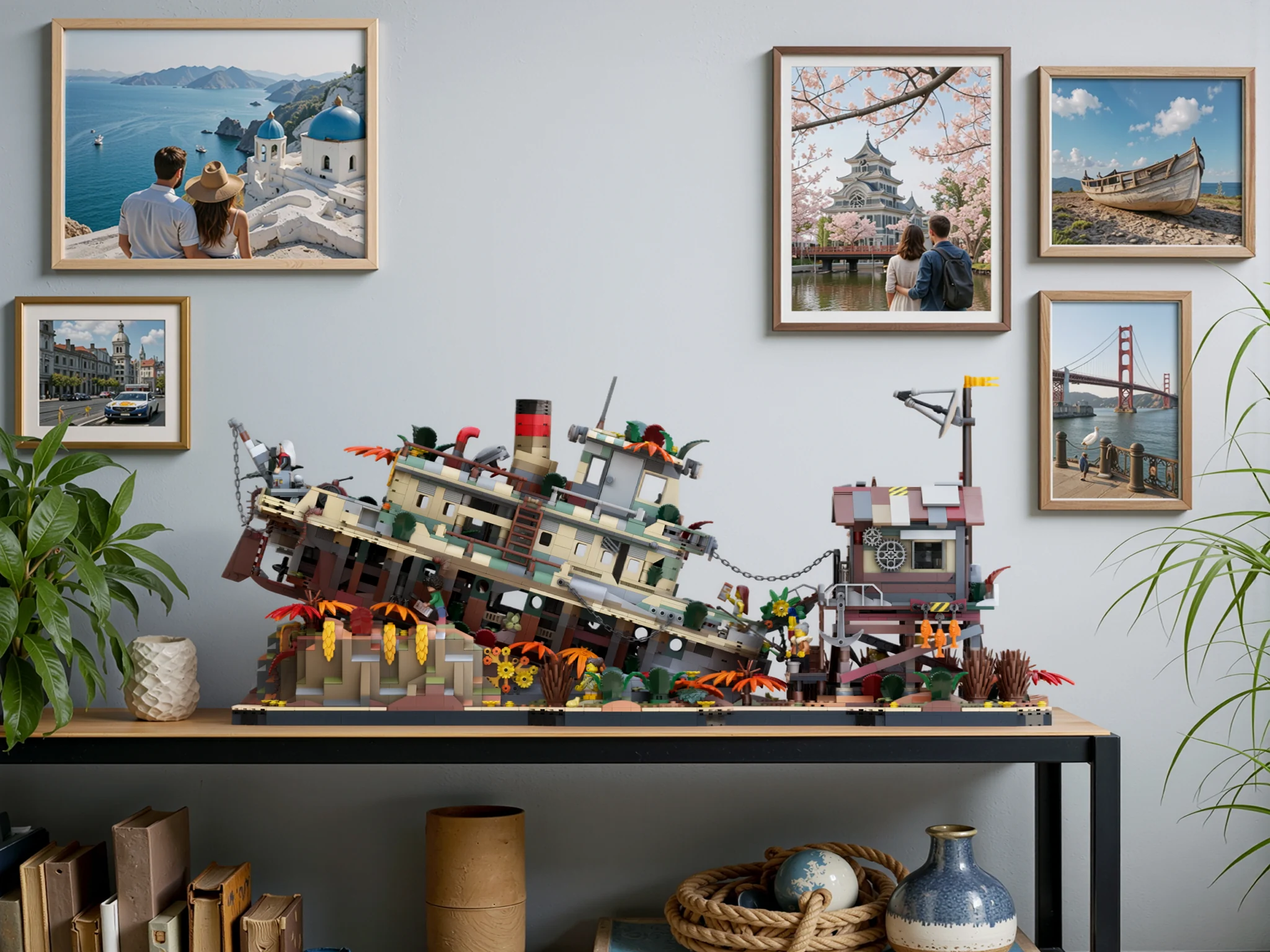 Presentation mockup of The Iron Reef displayed on a shelf beneath framed travel photographs