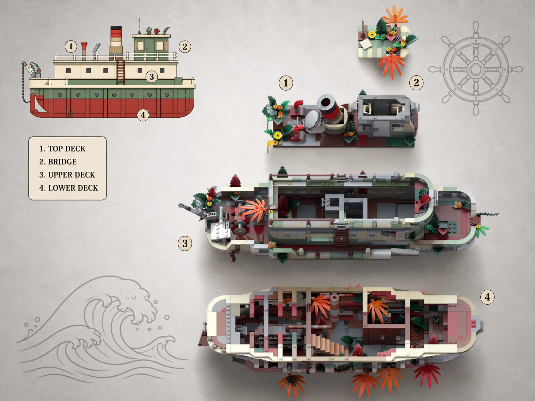 Exploded deck layout showing the top deck, bridge, upper deck and lower deck separately