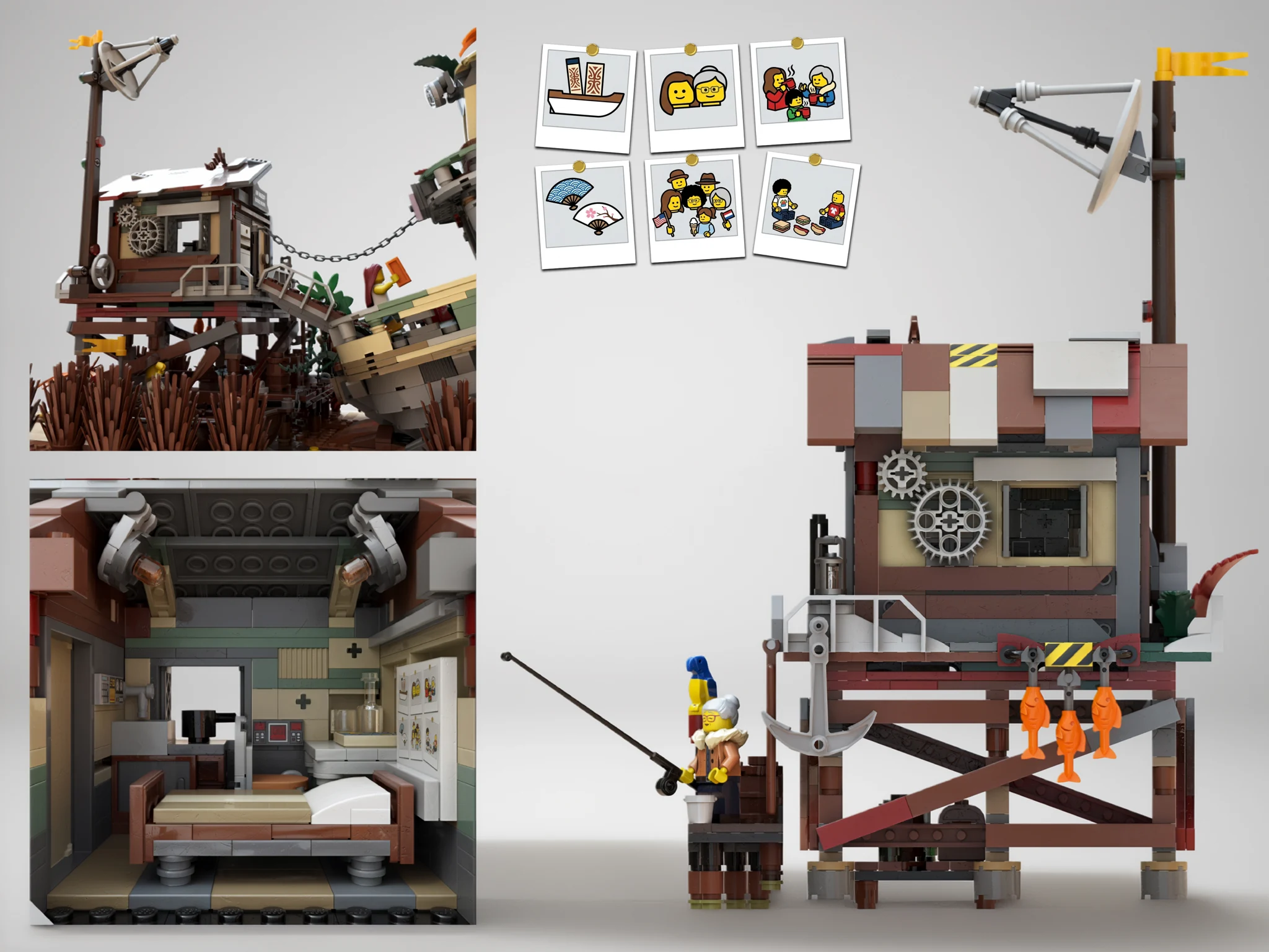 The raised hut with a patched roof, wind turbine, fishing rods, bed and family photographs