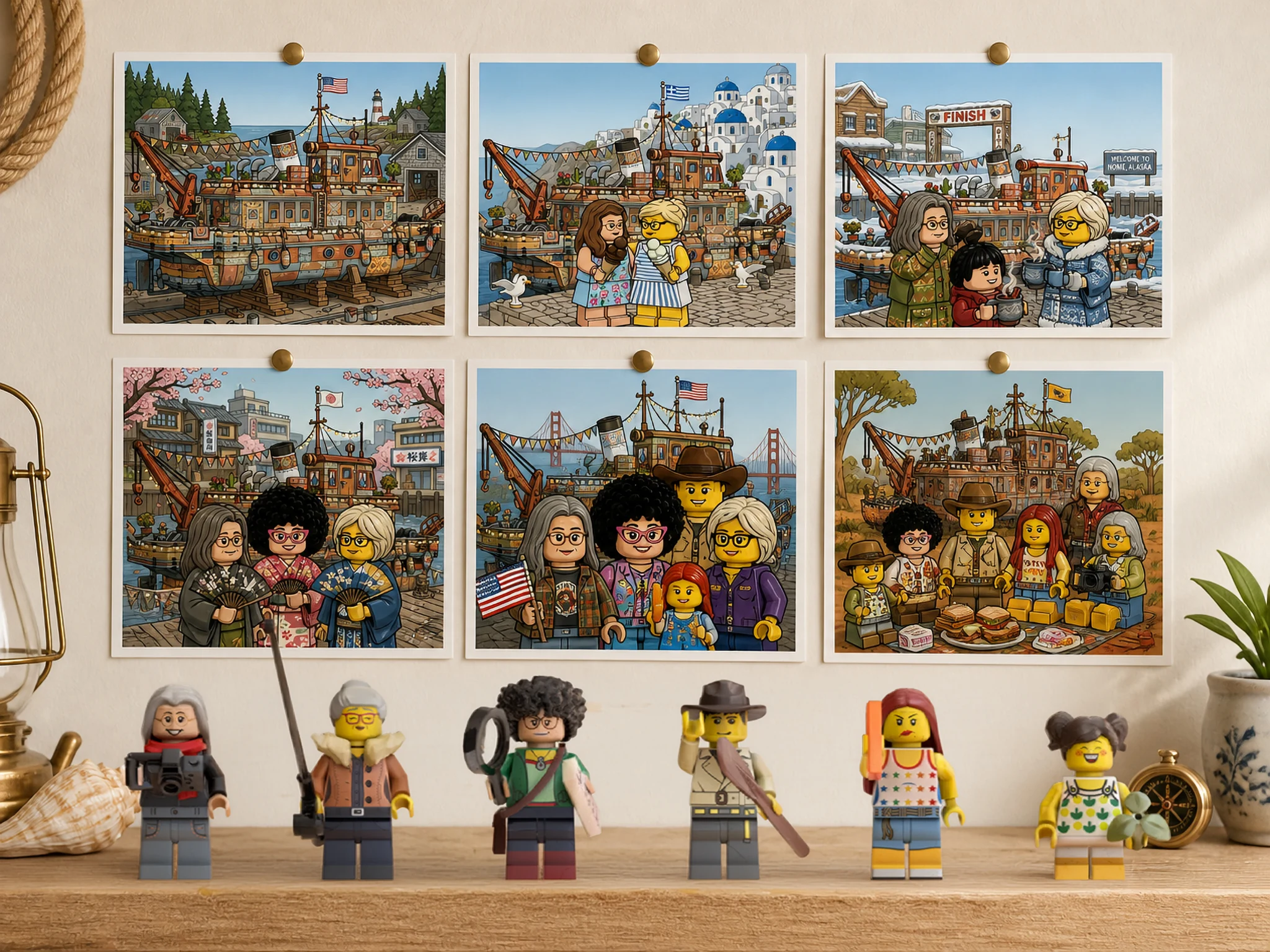 Six family minifigures beneath a wall of travel photographs recalling their journeys together